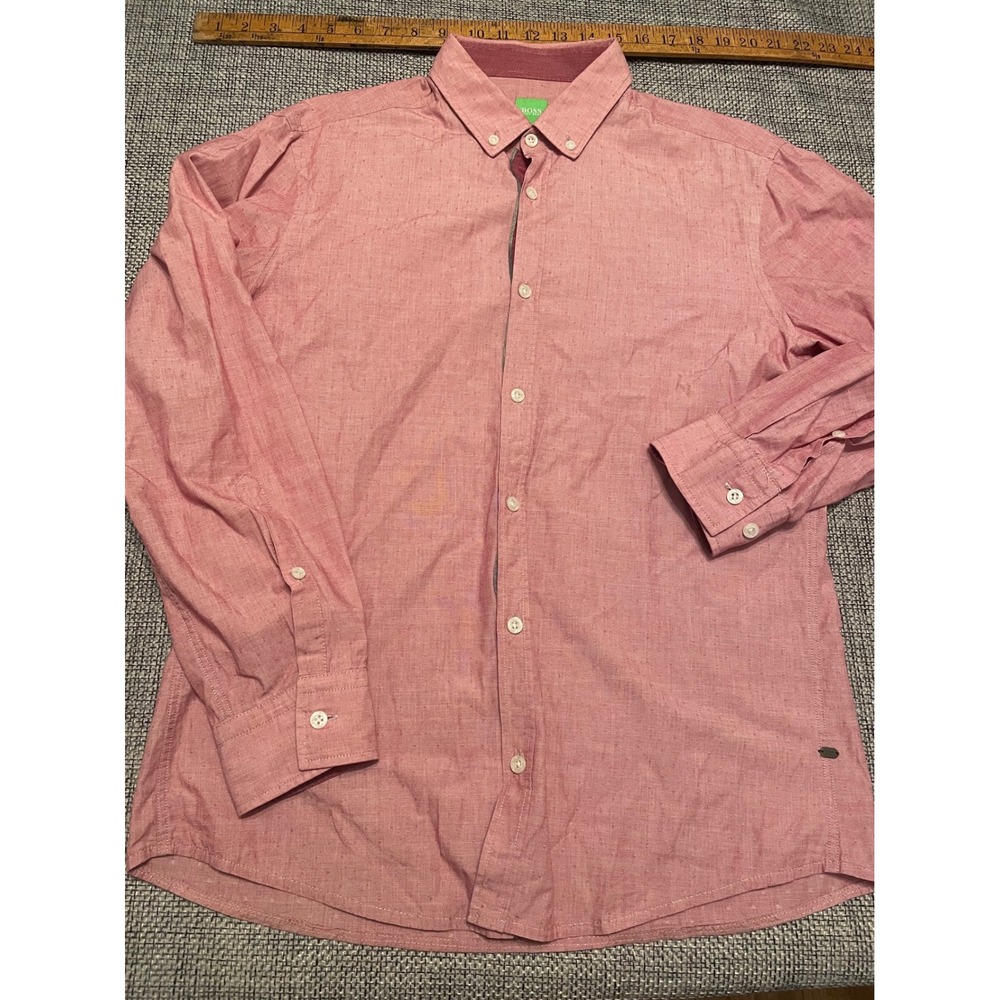 Hugo Boss Green Label Mens Modern Fit Pink Dobby Button Down Shirt Size M